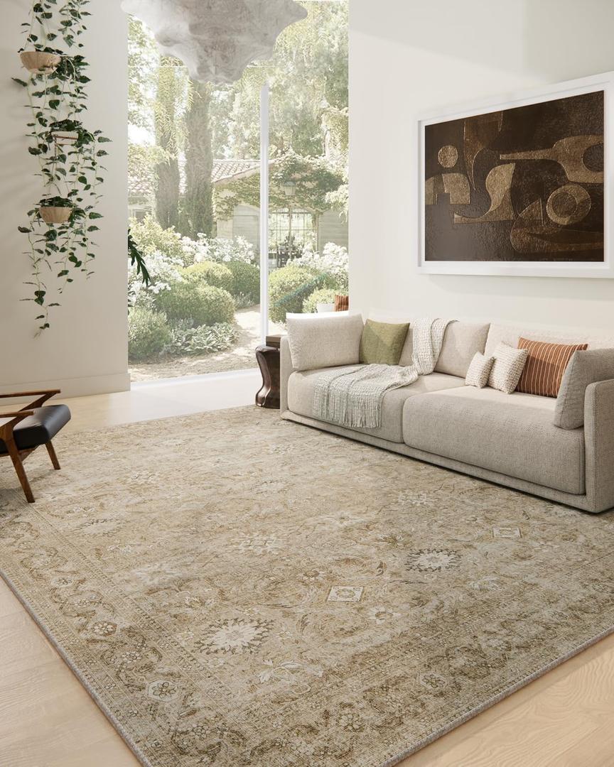 9x12 Area Rug Living Room: Washable Rug Non Slip Low Pile Soft Faux Wool Non Shedding Distressed Vintage Floral Large Carpet for Bedroom Dining Room Kitchen Nursery Under Table Farmhouse Home Office