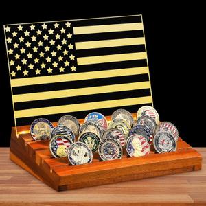 Wonderjune Light up Challenge Coin Display Military Coin Holder with Warm Color Light Stand Case American Flag Rack Display Military, 4 Row Wooden Stand Rack, Gift for Army, Him, Father Christmas