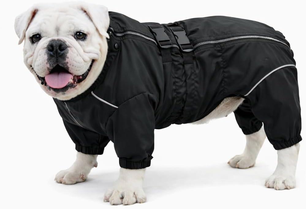 Lovelonglong Waterproof Dog Raincoat 4-Leg Full Body Dog Rain Suit with Reflective Strips & Leash Opening, Outdoor Dog Jacket for Rainy Weather (Black), Size: B-L (bulldog back 15.5")