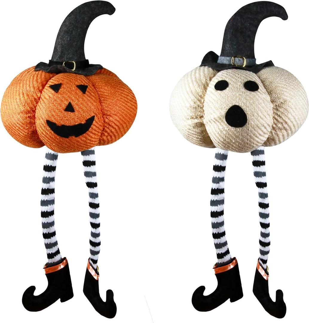 Ogrmar 2 Pcs Halloween Decorations - 23" Stuffed Plushie Pumpkin Doll with Witch Hat and Black Boots for Home Party Table Decor