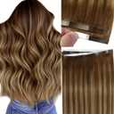 Loxxy DIY Long Human Hair Tape in Extensions - One Piece Wide Tape in Hair Extensions Human Hair 50g - Balayage Chocolate Brown to Caramel Blonde, PU Wide Weft 31.5" (80cm), 16 Inch