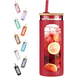 Kodrine 20oz Glass Water Tumbler with Straw and Lid, Bamboo Lids Water Bottle, Iced Coffee Cup Reusable, Wide Mouth Smoothie Cups with Protective Silicone Sleeve BPA FREE-Red