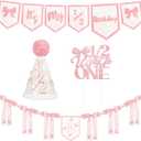 1/2 Birthday Girl Half Birthday Decorations Pink Bow It's My 1/2 Birth Banner Glitter Cake Topper Ribbon Bow Wood Bead High Chair Banner & Cone Hat 6 Months birthday Decorations Party Supplies (Pink)