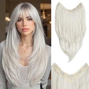 Clip in V-Shape Hair Extensions for Women 18 Inch One Piece Synthetic Straight Hair Extension Full Head Hairpiece with 5 Clips Platin Blonde