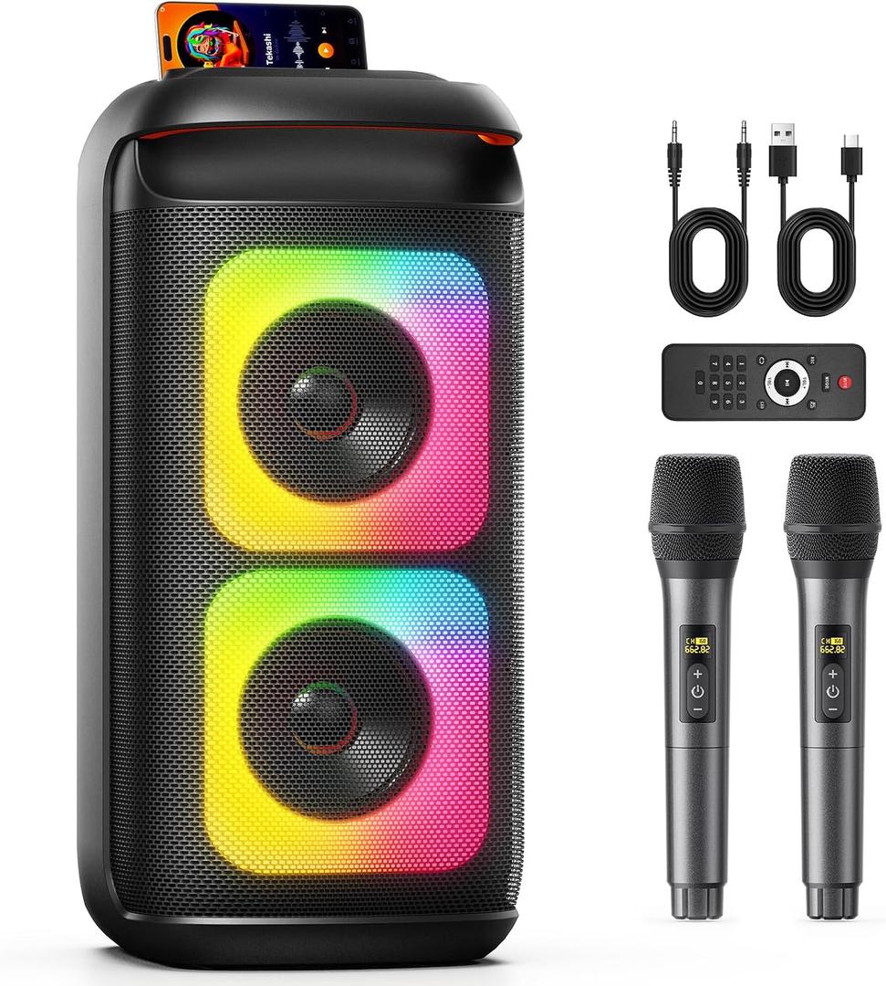 Karaoke Machine with 2 Wireless Microphones, Portable Bluetooth Karaoke for Adults, Powerful Dual 8" Subwoofer Karaoke Boombox, LED Lights, 3D Sound, Support TV/USB/AUX/TF for Home Party