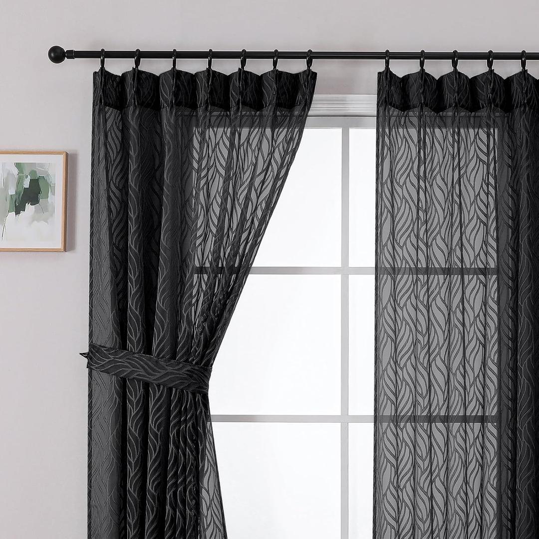 OWENIE Max Pinch Pleated Sheer Curtains for Bedroom Living Room Small Window 54 Inch Length 2 Panels Set, Light Filtering Leaf Jacquard Clip Kitchen Window Curtains, Black, Each 42x54 Inch