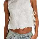 Tie Front Tops for Women Sleeveless V Neck Floral Embroidered Tank Y2k Sexy Cute Going Out Crop Vest Shirt