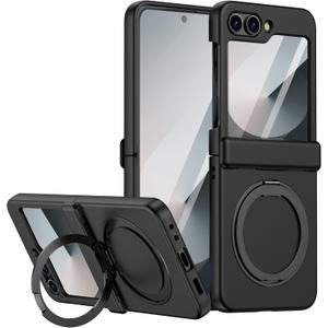 Magnetic Case for Samsung Galaxy Z Flip 6 Compatible with Magsafe, Built-in Kickstand & TPU Hinge Protection Flip 6 Case, Matte PC Cover Ultra Shockproof Phone Case for Z Flip6 (Black)