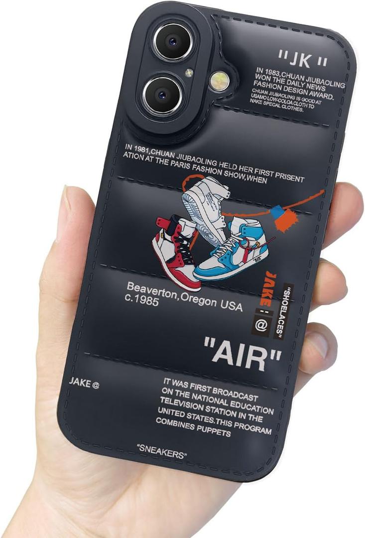 Ins Off Sports Shoes Brand Puffer Phone Case Compatible with iPhone 16 Case 6.3", Funny Sneakers White Label Graphics Aesthetic Soft Silicone Shockproof Full Body Drop Protection Case (Black)