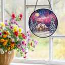 Winter Scene Christmas Suncatchers Stained Glass Window Hanging, Farmhouse Winter Landscape Sun Catchers Indoor Window Glass Round Wall Decor, Christmas Wall Hanging Decorations, 7.9x7.9in