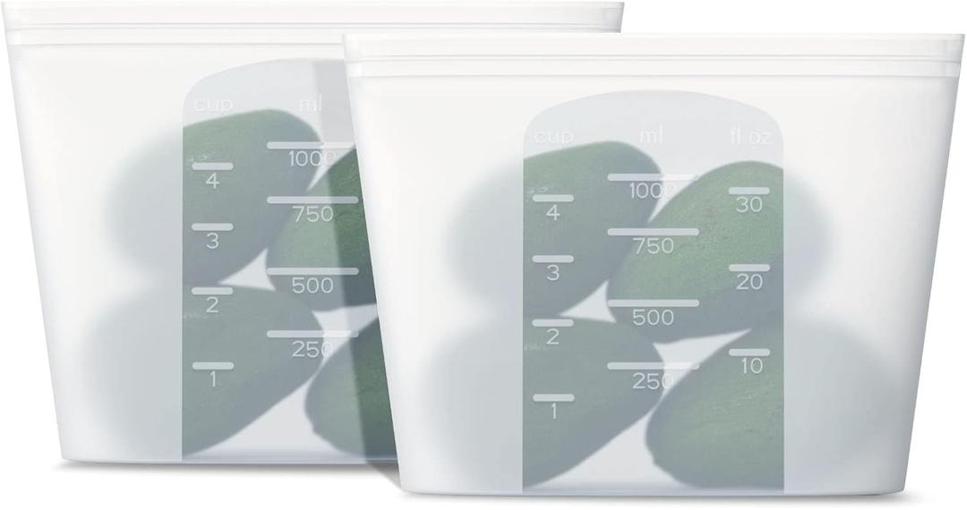 Reusable Silicone Food Storage Bag, for Microwave, Oven, Fridge, Freezer & Sous Vide Zip Sealed Containers (2 Middle size 32oz 1000ml)