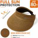 Women's Wide Brim Sun Hat Straw Sun Visor Hat, Natural Straw, Visor Cap UPF 50 Protection, Foldable Beach Hat with Ponytail (Brown)