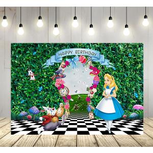 Green Leaf Backdrop for Birthday Party Supplies White Rabbit Photo Backgrounds Alice in Wonderland Theme Baby Shower Banner 59x38in
