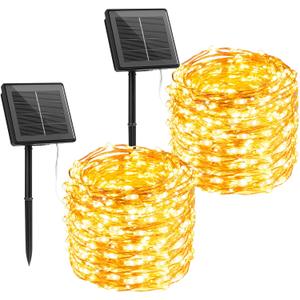 Brightown Solar String Lights, 2 Packs Total 66Ft 200 LED Solar Fairy Lights with 8 Modes, Waterproof Solar Lights for Outside Patio Yard Tree Wedding Christmas 33FT*2Packs, Warm White