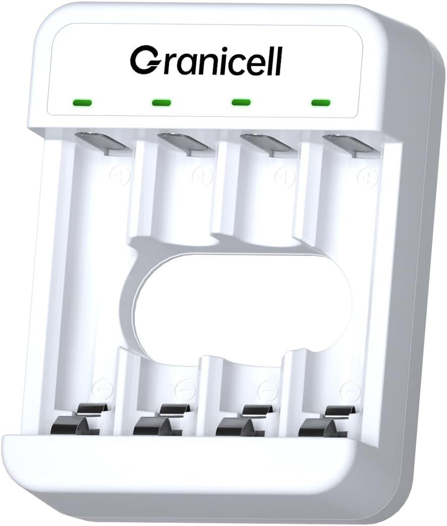 Granicell 4 Bay AA and AAA Battery Charger, Independent Slot,USB High-Speed Charging, for Ni-MH/Ni-CD Rechargeable Batteries, Adapter-Free
