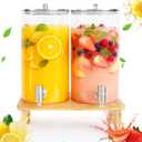 2 Pack 1.5 Gallon Drink dispenser with StandGlass Beverage Dispenser With Wood Stand, 18/8 Stainless Steel Spigot and Labels Large Water Drink Dispensers for Parties, Lemonade,Juice, Tea