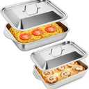 2 PCS Stainless Steel Lasagna Pans with Lid M(16.14x9.5x3.1") 7.8QT & S(14.6x8.7x2.76") 6QT,Nonstick Deep Roasting Dish, Oven & Dishwasher Safe,Perfect for Turkey, Chicken, Vegetables and Baking