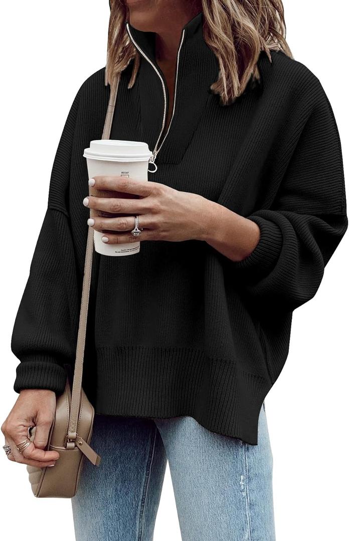 Imily Bela Womens Tunic Sweater Fall Long Sleeve 1/4 Zip Pullover Sweaters Oversized Slouchy Ribbed Knit Sweatshirt with Slit (Large, Black)