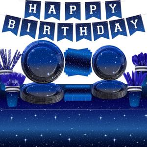 Starry Night Sky Party Supplies Set, Birthday Star Party Table Decorations Including Banner, Plates, Cups, Paper Napkins, Tablecloth, Cupcake Toppers, Knives, Forks and Spoons Serves 20(B)