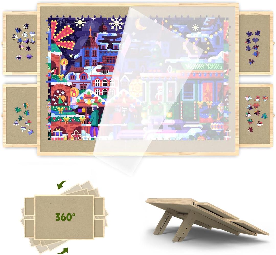 Jigsaw Puzzle Board 2000 Pieces, 2-in-1 Tilting and Rotating Puzzle Board with Drawers and Cover, Wooden Portable Puzzle Board for Adults, Board Game Table for All Ages