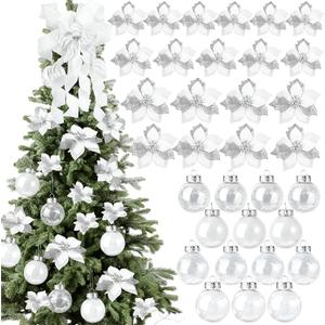 49 Pcs White Christmas Tree Decoration Set Tree Topper Bow 24 Pcs Christmas Glitter Artificial Poinsettia Flowers and 2.36 Inch Xmas Ball Ornaments for Xmas Party Holiday Decor