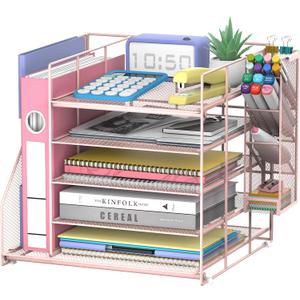 Desk Organizer with Magazine Holder, 5-Tier Paper Organizer for Desk with Pen Holder, Paper Letter Tray for Home, Office or School Supplies, Pink