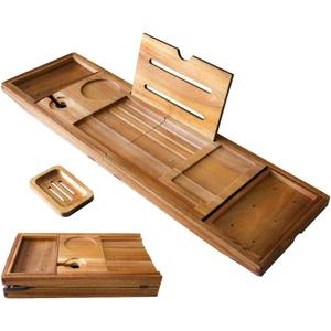 XcE Foldable Acacia Wood Bathtub Caddy Tray - Expandable to 40 Inches with Non-Slip Pads for Couples Luxury Bath