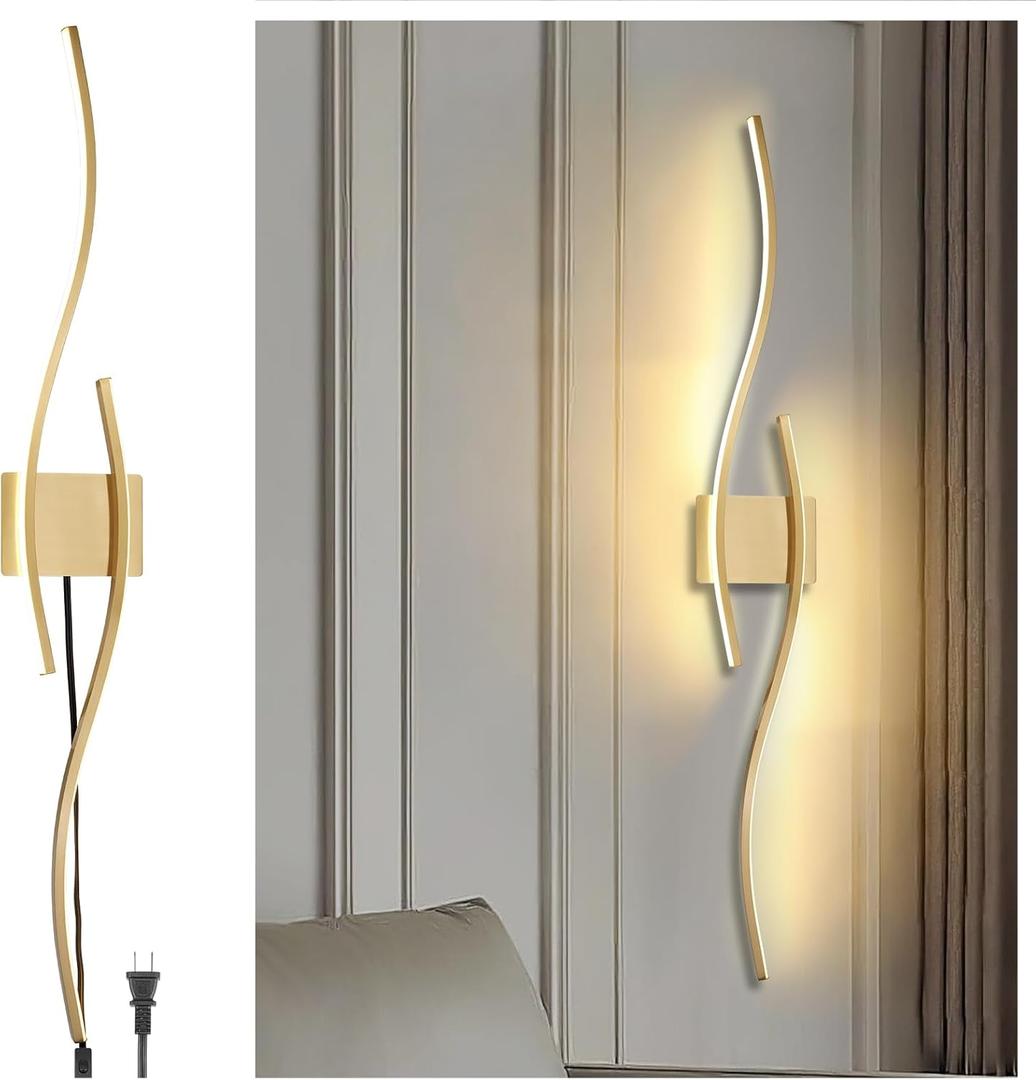 Long Wall Sconce Golden Modern Wall Light Fixture Plug in 14W LED Wall Sconce with Cord for Mirror Living Room Bedroom Porch(Golden,1pc)