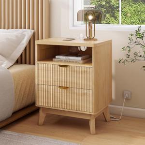 LYNCOHOME Fluted Nightstand with Charging Station, 19.7 inch Wide End Table with 2 Drawers, Modern Wood Bedside Table for Bedroom,Natural,1 Pcs