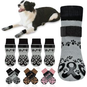 Anti Slip Dog Socks to Prevent Licking Paws - Double Side Dogs Paw Grip Sock for Hardwood Floors, No Twist Dog Booties Grippy Socks for Small Medium Large Senior Dogs, Light Grey and Black, M (M(Pack of 4))