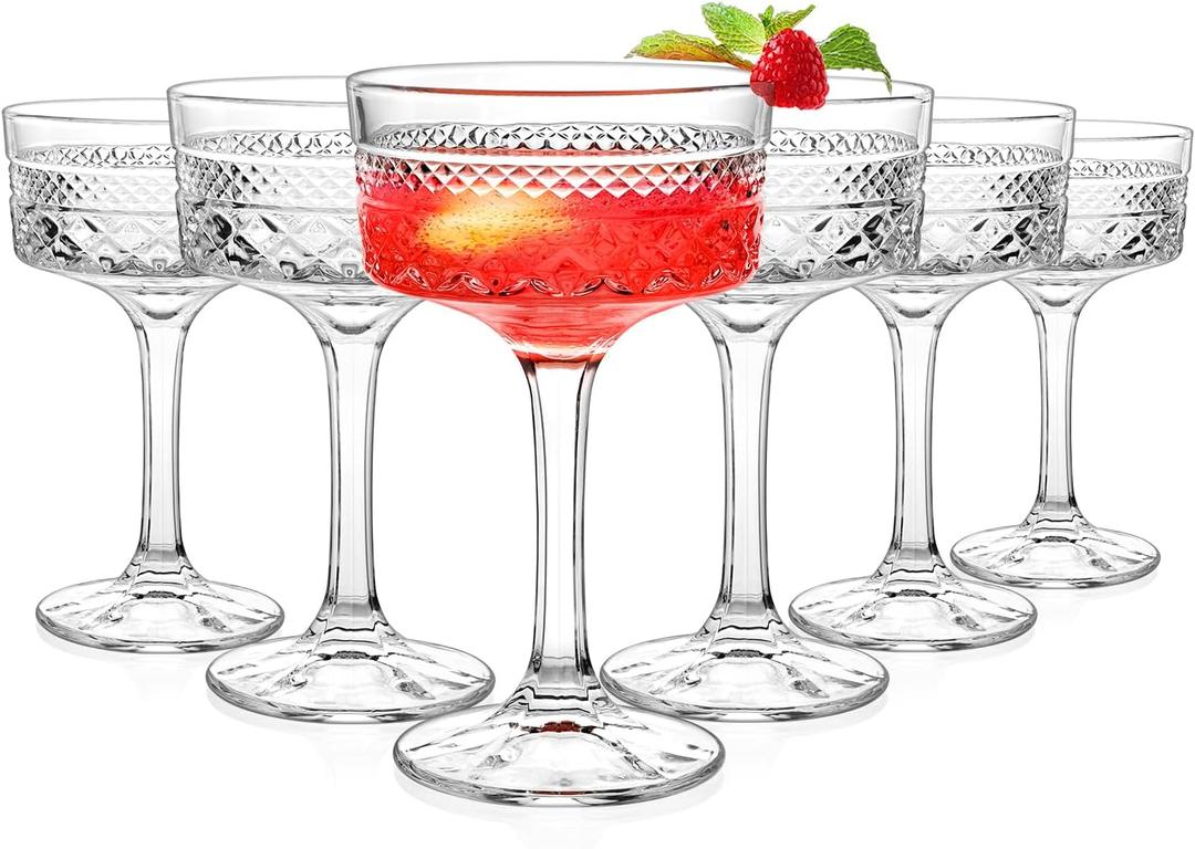 6 Pcs Ribbed Coupe Glasses, 10 oz Vintage Cocktail Coupe Glasses Set, Unique Martini Glass, Classic Galssware, Bar Drinking Glasses Set Pefect for Cocktail, Wine, Champagne & Gift (Clear)