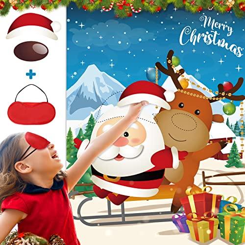 Christmas Party Games, Pin The Nose on The Reindeer and Pin The Hat on The Santa Christmas Party Decor with Blindfolds and Stickers for Kids Adults Xmas New Year Holiday Families Activities Games