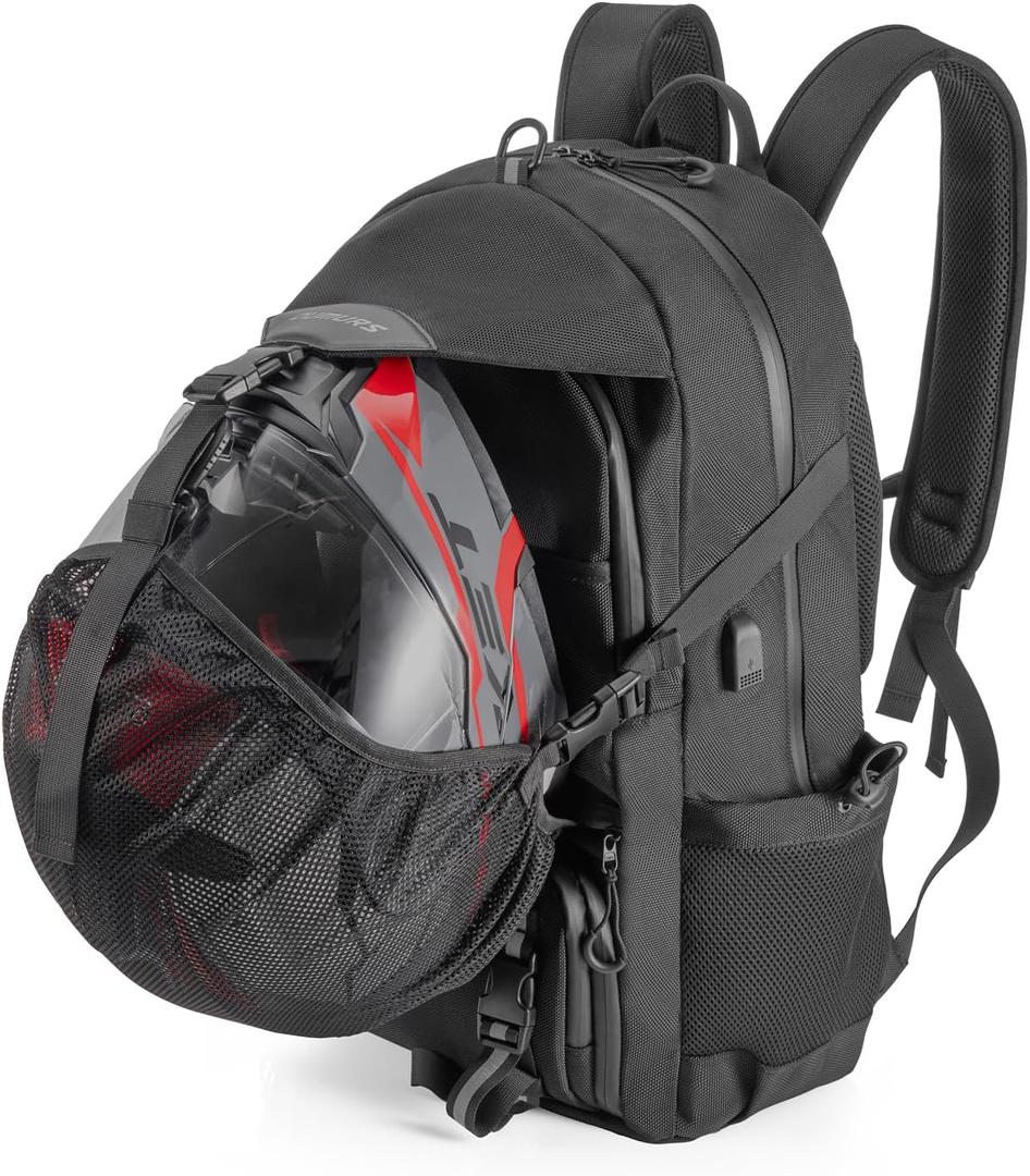Motorcycle Backpack 50L, Waterproof 1680D Oxford Fabric, Expandable, Motorbike Helmet Bag, Reflective, Helmet Strap, USB, Large Capacity, Laptop Rucksack, Long Distance Travel Backpack, Black