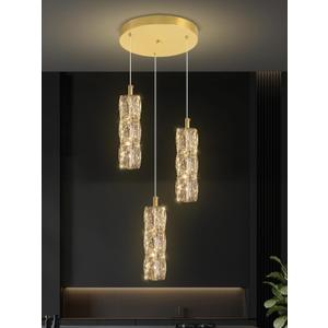 ykolupty 3-Light Gold Chandelier with Dimmable Ceiling Light Crystal Pendant Light for Kitchen Island, Dining Room, Living Room, Entry Hallway