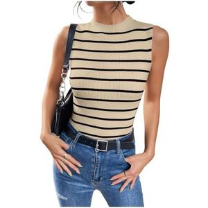 SOLY HUX Women's Striped Tank Top Mock Neck Sleeveless Split Fitted Summer Tops, S
