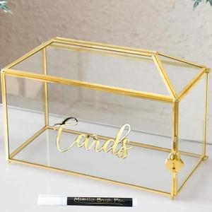 12.6" Wedding Card Box with Lock, Large Gold Metal and Glass Card Box for Party Reception HoneyMoon Fund Box, Wedding, Baby Showers, Birthdays, Bridal or Graduation Party Box