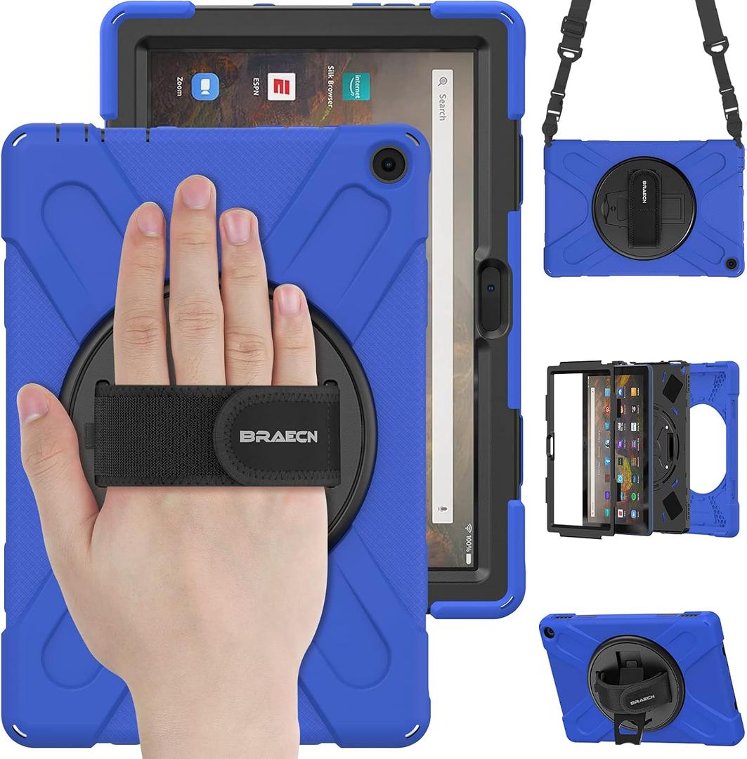 BRAECN Case for Amazon Fire HD 10 11th Generation 2021 / Amazon Fire HD 10 11th Generation 2021, Heavy Duty Kids Case with Hand Strap, Kickstand and Shoulder Strap for Fire HD 10 2021 Tablet-Blue