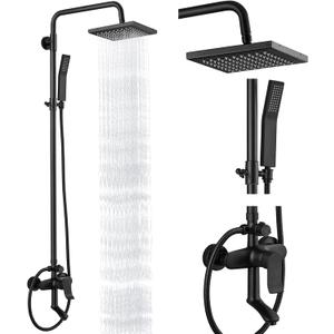 Heyalan Matte Black Rain Shower System Set,Exposed Shower System 3 Functions Bathroom Shower Faucet 8 Inch Swivel Rainfall Shower Head Handheld Complete Set Tub Spout Wall Mount