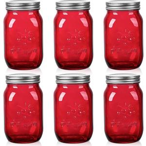 Amzcku 32oz Red Mason Jars with Lids, 6 Pack Wide Mouth Quart Canning Jar, Safe For Storage, Canning, Pickling, Preserving, Fermenting, DIY Crafts & Decor