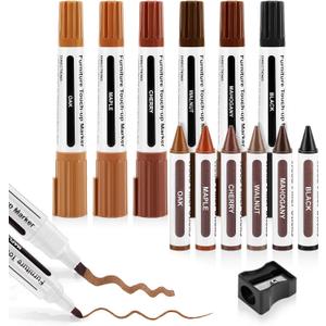 Dual Tip Furniture Markers Touch Up,Upgrade 13 Pcs Wood Markers Furniture Repair Kit,Touch Up Paint Pen and Wood Filler Putty Stick with Sharpener Kit,for Wood Stain Remover,Wood Floor Scratch Repair
