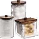 Tbestmax Bathroom Organizer Accessories Set-10 OZ Qtips Holder Storage with Wood Lids, Cotton Ball/Swabs Dispenser, Apothecary Container Jar 3 Pcs