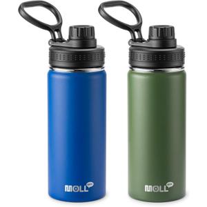 Insulated Water Bottle 2 Pack-16 oz Stainless Steel Vacuum Sports Water Bottle Wide Mouth Flask with Leakproof Spout Lid (Navy-Grass Green)