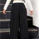 Verdusa Girl's Striped Pants Drawstring High Waisted Straight Leg Loose Trousers (Black)