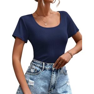 Womens T Shirt Short Sleeve Tshirt Ribbed Basic Tops Tee (Blue, L)