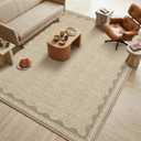 GarveeHome Scalloped Washable Area Rug 6x9 Rugs for Living Room Soft Low-Pile Solid Tan Jute Digital Printing Thin Carpet for Bedroom Dining Nursery Non Slip Mat with Rubber