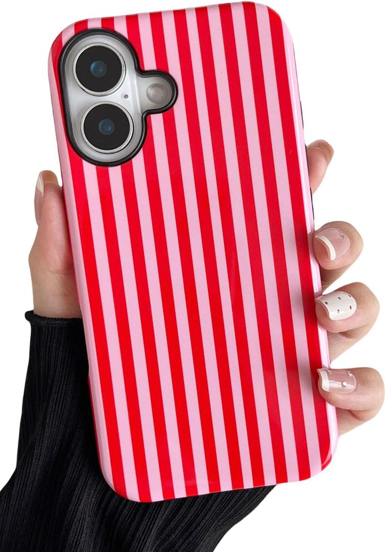Compatible with iPhone 16 Plus Case Cute Aesthetic Striped Phone Case for Women Girl Shockproof Slim TPU and Hard PC Protective Cover (Pink and Red)