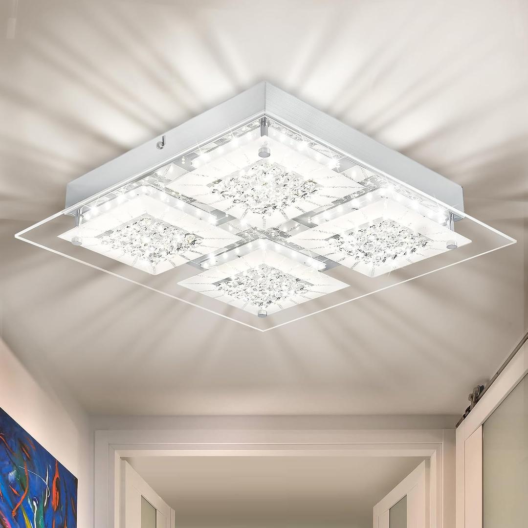 Crystal Ceiling Light LED Square Hallway Light Fixture Dimmable Flush Mount Ceiling Lights 14 Inch 4000K Bathroom Ceiling Lighting Foyer Chrome Kitchen Living Room Light, Square-14.17 inches