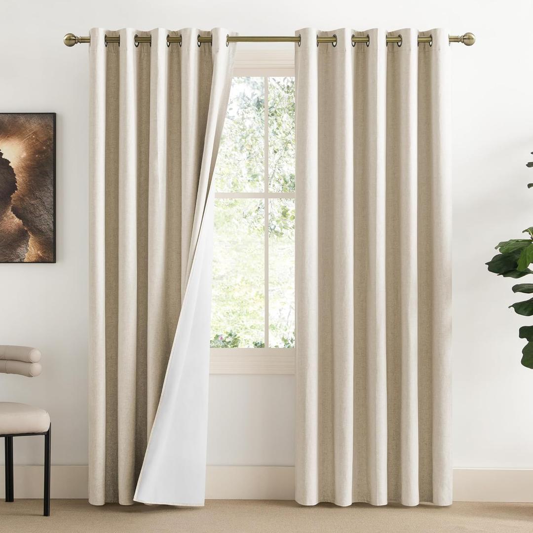 NICETOWN 100% Absolutely Blackout Linen Curtains with Thermal Insulated White Liner, Beige, 62" Wide, 2 Pieces, Privacy Vertical Window Drapes for Office Laundry Living Room Windows 84 inch Long