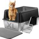 Marchul Stainless Steel Cat Litter Box with High Walls & Metal Scoop/Mat/Scoop Holder, XL Large for Multi-Cat Homes, Anti-Urine Leakage for Heavy Flow Cats (Open)