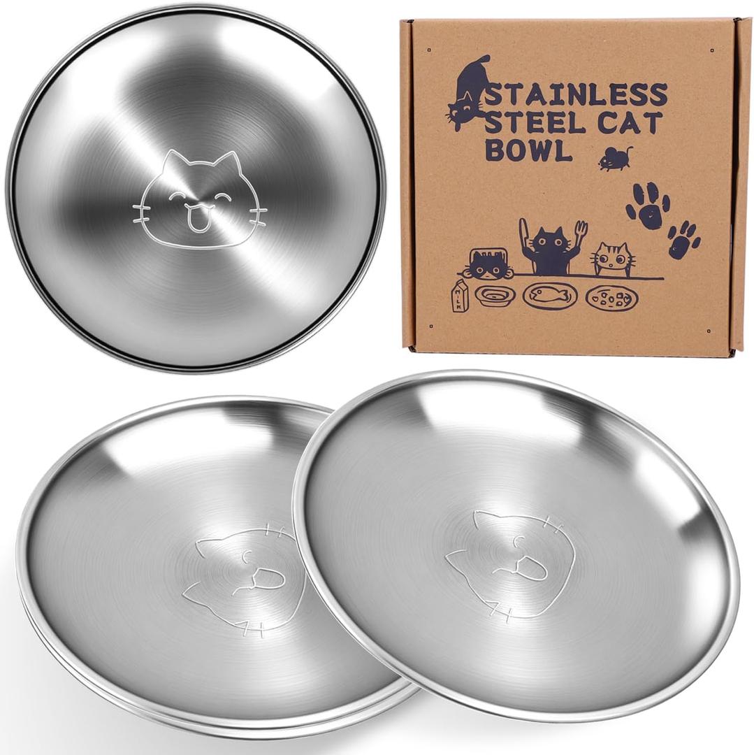 Stainless Steel Cat Dishes, 6.8" Wide Whisker Friendly Cat Dishes, Shallow Metal Food Bowl for Kitten and Small Pets Reducing Whisker Fatigue 4 Pcs (6.77"+0.59")